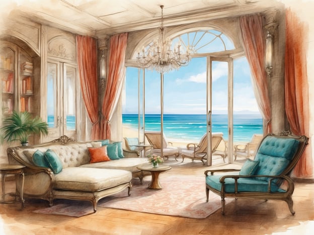 Auf dem Bild ist eine elegante und einladende Lounge mit Blick auf das Meer zu sehen. Die Einrichtung zeigt eine gemütliche Sofa- und Stuhlgruppe, die mit hellen Farben und dekorativen Kissen geschmückt ist. Große Fenster erlauben den Blick auf den Strand und das Wasser, während sanfte Vorhänge und eine stilvolle Deckenleuchte eine luxuriöse Atmosphäre schaffen.Das Hotel Esplendido ist bekannt für seine erstklassigen Dienstleistungen und außergewöhnliche Lage direkt am Strand. Es bietet Gästen eine Mischung aus Komfort und einem Hauch von Nostalgie, ideal für entspannende Urlaube. Die herrlichen Ausblicke und die elegante Innenausstattung tragen zu einem unvergesslichen Aufenthalt bei.