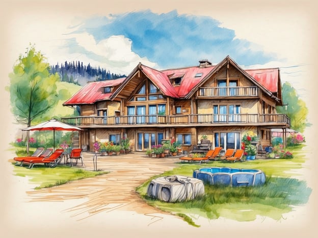 Auf dem Bild ist ein schönes, modernes Holzhaus zu sehen, das von einer malerischen Landschaft umgeben ist. Es hat ein steiles, rotes Dach und große Fenster, die viel Licht hereinlassen. Vor dem Haus gibt es eine Terrasse mit Liegen und Sonnenschirmen, ideal für Entspannung und Sonnenbaden.Es könnte sich um eine Ferienunterkunft handeln, die sich perfekt für Familien oder Gruppen eignet. Die Umgebung scheint für Aktivitäten im Freien geeignet zu sein, wie Wandern oder Radfahren. Alternativen könnte es auch in Form von gemütlichen kleinen Hütten oder rustikalen Bauernhäusern geben, die für einen entspannenden Aufenthalt in der Natur geeignet sind. Ob luxuriöse Villen oder einfachere Lodges – hier findet jeder seinen perfekten Rückzugsort!