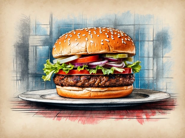 Ein kunstvoll gestalteter Hamburger auf einem Teller, bestehend aus einem Sesambrötchen, einem saftigen Patty, frischem Salat, Tomaten, Gurken und roten Zwiebeln. Der Hintergrund ist skizzenhaft in blau und grau gehalten, was dem Bild eine besondere Tiefe und Charakter verleiht.