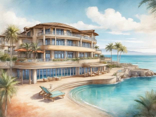 Auf dem Bild ist eine stilisierte Darstellung eines luxuriösen Hotels zu sehen, das im mediterranen Stil gebaut wurde. Es hat mehrere Etagen, große Fenster, eine Sonnenterrasse mit Liegen und ist von Palmen umgeben. Direkt neben dem Hotel erstreckt sich ein schöner, blauer Pool, der an das Meer grenzt.### Über das allsun Hotel Esquinzo BeachDas allsun Hotel Esquinzo Beach ist ein beliebtes Urlaubsziel auf Fuerteventura, bekannt für seine erstklassigen Annehmlichkeiten und direkten Zugang zu schönen Stränden. Es bietet eine Vielzahl von Freizeitmöglichkeiten und ist ideal für Familien und Paare, die einen entspannten Strandurlaub verbringen möchten. Die Kombination aus modernen Unterkünften und einer herrlichen Lage macht es zu einem perfekten Ort für Erholung und Spaß.