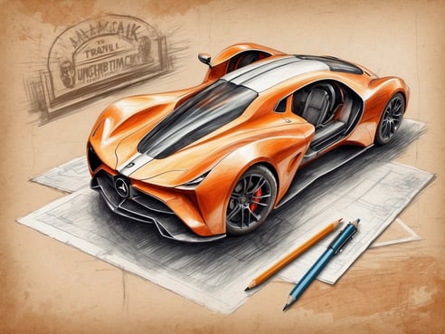 Das Bild zeigt eine farbenfrohe Zeichnung eines futuristischen Sportwagens in einem auffälligen Orange. Der Wagen hat eine aerodynamische Form mit geschwungenen Linien und ist von einer Skizze umgeben, die Details und Perspektiven des Fahrzeugs zeigt. Neben dem Auto liegen Bleistifte und Kugelschreiber, die den kreativen Prozess der Gestaltung andeuten. Im Hintergrund sind schemenhaft alte Schilder und Texte zu sehen, die eine nostalgische Atmosphäre erzeugen. Diese Kombination aus modernem Design und traditioneller Skizzentechnik lässt auf innovative Ansätze in der Automobil- und Hotelbranche schließen.