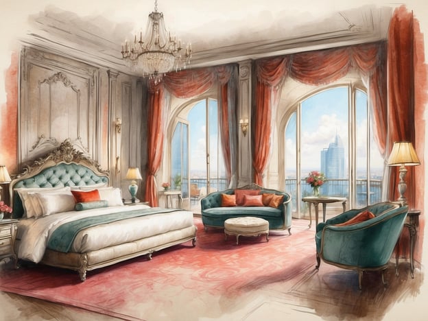 Auf dem Bild ist ein elegantes Schlafzimmer zu sehen. Es verfügt über ein großes, komfortables Bett mit einer gepolsterten Kopfteil in einer bläulichen Farbe und weißen Bettwäsche. An den Seiten stehen zwei Nachttische mit jeweils einer Tischlampe.Der Raum hat große Fenster, die einen Blick auf die Stadt bieten und viel Tageslicht hereinlassen. Vor den Fenstern sind elegante Vorhänge in einem warmen Rotton.Im Zimmer befindet sich eine gemütliche Sitzecke mit zwei Stühlen und einem runden Tisch, die in einem ähnlichen Farbton wie das Bett gestaltet sind. Zudem liegt ein luxuriöser Teppich auf dem Boden, der dem Raum eine warme Atmosphäre verleiht. Ein Kronleuchter hängt von der Decke, was dem Raum zusätzlichen Glamour verleiht.Die Dekoration ist opulent und vermittelt ein Gefühl von Luxus und Komfort.