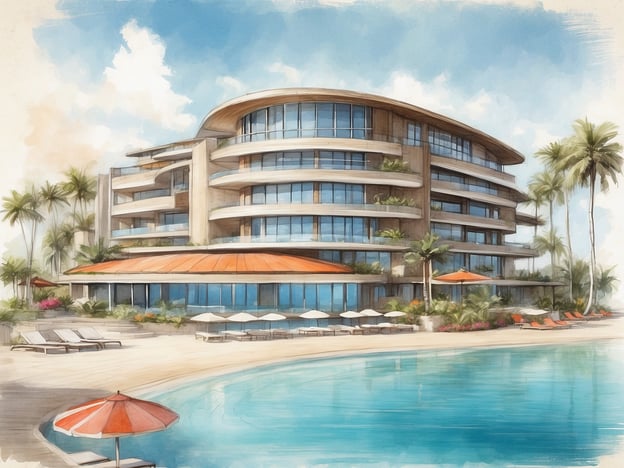 Auf dem Bild ist eine künstlerische Darstellung eines modernen Hotels zu sehen, das möglicherweise das allsun Hotel Carolina Mare repräsentiert. Das Gebäude hat eine geschwungene Architektur mit großen Fenstern, die einen einladenden Eindruck vermitteln. Um das Hotel herum sind Palmen und ein Poolbereich angelegt, der mit Liegen und Sonnenschirmen ausgestattet ist.Das allsun Hotel Carolina Mare bietet Gästen in der Regel eine komfortable Unterkunft mit Zugang zu Annehmlichkeiten wie einem Pool, Restaurants und Freizeitmöglichkeiten. Die Lage am Meer und die ansprechende Gestaltung machen es zu einem attraktiven Ziel für Urlauber.