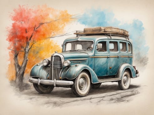 Ein klassisches, blaues Auto mit Dachgepäckträger steht auf einer ländlichen Straße. Im Hintergrund sind Herbstbäume mit orangefarbenen und roten Blättern zu sehen. Die Szenerie vermittelt ein nostalgisches Gefühl und erinnert an Reisen in vergangene Zeiten, ideal für einen Roadtrip oder einen Ausflug in die Natur.