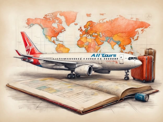 Auf dem Bild ist ein Flugzeug der Marke Alltours zu sehen, das vor einer Weltkarte steht. Neben dem Flugzeug liegen einige Koffer, und vor dem Flugzeug befindet sich ein aufgeschlagenes Buch oder Reiseführer. Dieses Bild vermittelt das Gefühl von Reisen und Urlaub.Wenn du an Angeboten von Alltours interessiert bist, kannst du verschiedene Pauschalreisen, Last-Minute-Angebote und individuelle Reisen buchen. Alltours bietet attraktive Ziele in Europa und darüber hinaus, darunter Strandurlaube, Städtereisen sowie Familienreisen. Informiere dich auch über spezielle Rabatte und Flugangebote, die regelmäßig verfügbar sind.