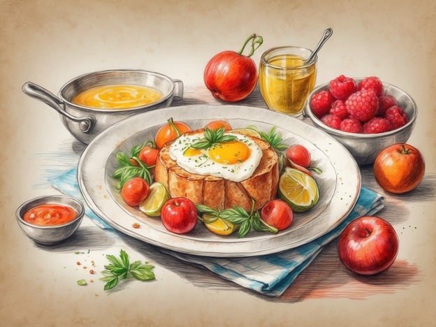 Auf dem Bild sind verschiedene kulinarische Genüsse zu sehen. Im Vordergrund sieht man ein rustikales Gericht aus einem Brot, das wie eine Schüssel wirkt und mit einem Spiegelei und frischen Kräutern garniert ist. Rund um das Brot sind zahlreiche bunte Tomaten und einige Zitronenscheiben angeordnet, die für eine erfrischende Note sorgen.Zusätzlich gibt es eine Schale mit frischen Himbeeren und eine mit glänzenden Äpfeln. Eine kleine Schale enthält eine würzige Sauce, während ein Glas mit Honig ebenfalls auf dem Tisch steht. Diese Anordnung von Zutaten und Gerichten lädt dazu ein, die Aromen der verschiedenen Speisen zu genießen.