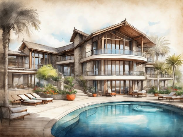 Auf dem Bild ist eine luxuriöse Villa zu sehen, die von einem schönen Pool umgeben ist. Die Unterkunft verfügt über große Fenster, die viel Tageslicht hereinlassen, und zeigt eine moderne Architektur mit Holz- und Steinelementen.Die Ausstattung umfasst mehrere Liegen am Pool, umgeben von üppiger Vegetation und bunten Pflanzen. Es gibt eine einladende Terrasse mit Sitzgelegenheiten, ideal zum Entspannen. Insgesamt vermittelt die Szene ein Gefühl von Eleganz und Ruhe in einer tropischen Umgebung.