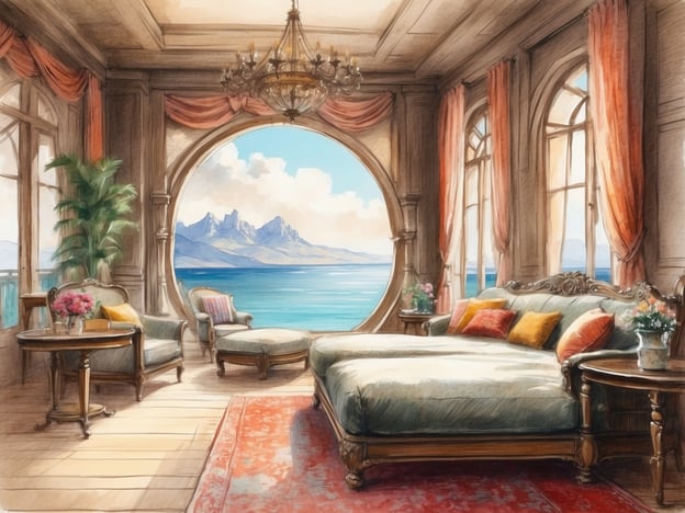 Auf dem Bild ist ein elegantes Zimmer mit einem großartigen Blick auf das Meer und die Berge zu sehen. Das Zimmer ist stilvoll dekoriert mit komfortablen Möbeln, einem großen Bett und vielen Fenstern, die viel Tageslicht hereinlassen. Die Farben sind warm und einladend, was dem Raum eine gemütliche Atmosphäre verleiht.Willkommen im Aldiana Club Andalusien!