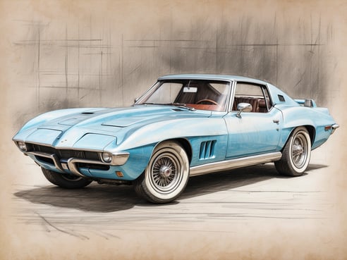 Ein klassisches Auto in blauer Farbe steht auf einer hellen Fläche. Die Karosserie hat geschwungene Linien und wirkt sportlich. Das Fahrzeug hat große Reifen und verchromte Felgen, sowie eine elegante Frontpartie mit einem schmalen Kühlergrill und runden Scheinwerfern. Die Fenster sind leicht getönt, und im Innenraum ist ein braunes Lederinterieur zu erkennen. Der Hintergrund ist unscharf, was den Fokus auf das Auto lenkt.