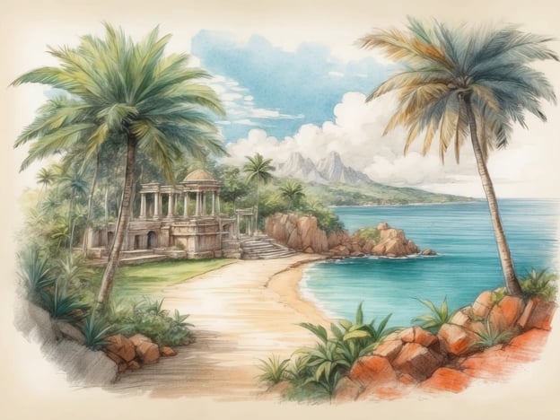 Auf dem Bild ist eine malerische Landschaft zu sehen, die eine Kombination aus tropischen Palmen, einer ruhigen Küste und majestätischen Bergen im Hintergrund zeigt. Diese Szene erinnert an die Schönheit Kalabriens, einer Region im Süden Italiens, die für ihre atemberaubenden Küsten, das klare Wasser und die unberührte Natur bekannt ist.
Kalabrien ist berühmt für seine charakteristischen Strände, wie die in Tropea oder Capo Vaticano, sowie für die beeindruckenden Gebirgszüge des Aspromonte Nationalparks. Die historische Architektur, die in der Illustration angedeutet ist, könnte an die Überreste antiker griechischer und römischer Bauwerke in der Region erinnern. Insgesamt vermittelt das Bild ein Gefühl von Frieden und natürlicher Schönheit, das typisch für Kalabrien ist.