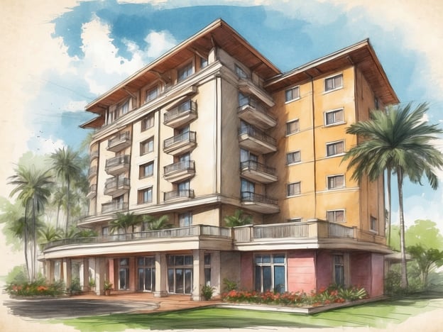 Das Bild zeigt ein modernes Hotelgebäude mit fünf Stockwerken. Die Fassade ist hell und freundlich gestaltet, mit großen Fenstern und Balkonen, die die einzelnen Etagen zieren. Vor dem Gebäude befinden sich üppige Pflanzen und Palmen, die eine entspannte Atmosphäre schaffen. Der Eingangsbereich ist überdacht und einladend, mit einer breiten Treppe, die zum Eingang führt. Im Hintergrund ist ein klarer blauer Himmel zu sehen, was dem Gesamtbild eine einladende und sonnige Note verleiht.
