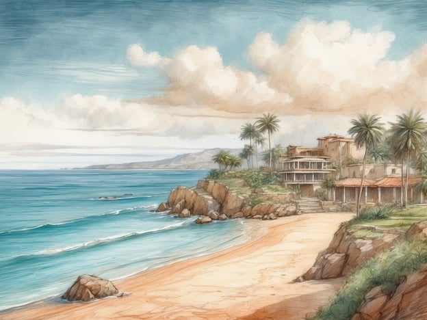 Auf dem Bild sind eine idyllische Küstenlandschaft mit einem sandy Strand, sanften Wellen und Palmen zu sehen. In der Nähe gibt es schöne Häuser, die teilweise auf den Klippen gebaut sind und eine malerische Aussicht auf das Meer bieten.
In der Umgebung könnten folgende Ausflugsziele und Sehenswürdigkeiten interessant sein:
1. **Nationalpark**: Ein wunderbarer Ort zum Wandern und Erkunden der Natur, in dem man die lokale Flora und Fauna entdecken kann.
2. **Küstenwanderwege**: Ideal für Spaziergänge oder Radtouren entlang der malerischen Küste.
3. **Wassersportmöglichkeiten**: Aktivitäten wie Schnorcheln, Tauchen oder Kajakfahren sind hier häufig zu finden.
4. **Strandpromenade**: Eine belebte Promenade mit Restaurants, Cafés und Geschäften, wo man lokale Spezialitäten probieren kann.
5. **Kulturelle Sehenswürdigkeiten**: Möglicherweise gibt es in der Nähe historische Stätten oder Museen, die die Geschichte der Region erzählen.
Diese Orte würden einen schönen Tag am Meer abrunden!