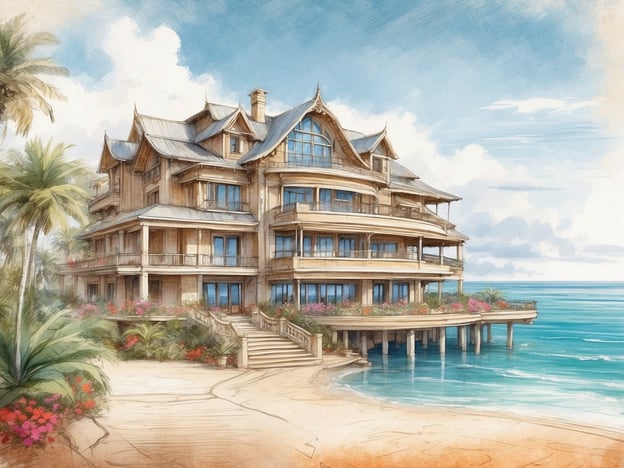Auf dem Bild ist eine beeindruckende Architektur zu sehen, die wie ein luxuriöses Strandhaus aussieht. Es hat mehrere Stockwerke, große Fenster und eine Veranda, die einen Blick auf das Wasser bietet. Umgeben ist das Gebäude von tropischen Pflanzen und Blumen, was auf eine idyllische Lage am Meer hinweist.Der Aldiana Club Djerba Atlantide ist ein beliebtes Urlaubsresort in Tunesien, das häufig für seine entspannte Atmosphäre, ihre zahlreichen Freizeitmöglichkeiten und die Nähe zum Strand bekannt ist. Der Club bietet verschiedene Sport- und Wellnessangebote sowie kulinarische Erlebnisse. Die Umgebung ist ideal für Familien und Paare, die einen erholsamen Urlaub in einer schönen Landschaft verbringen möchten.