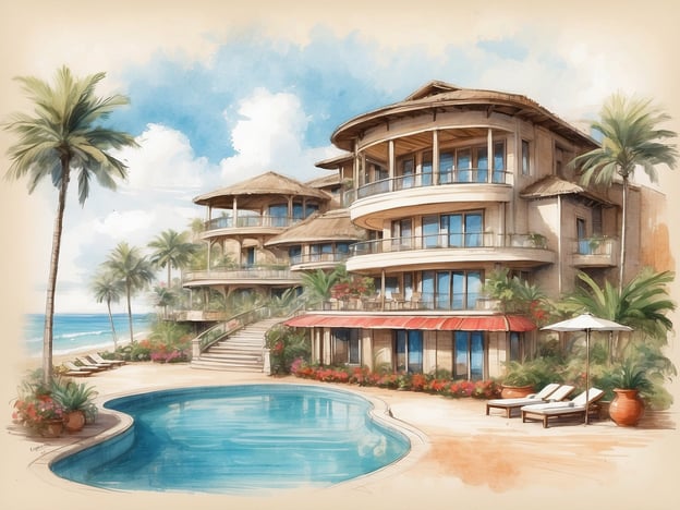Auf dem Bild ist eine luxuriöse Strandvilla zu sehen, die von Palmen umgeben ist und einen Blick auf das Meer bietet. Die Architektur ist ansprechend mit großen Fenstern und einem großzügigen Poolbereich.Im Aldiana Club Fuerteventura erwarten Gäste ähnliche Annehmlichkeiten, darunter komfortable Unterkünfte und einen direkten Zugang zu atemberaubenden Stränden. Die Villen und Zimmer sind ideal, um einen erholsamen Urlaub zu verbringen und gleichzeitig eine Vielzahl von Freizeitaktivitäten zu genießen. Von der Anlage aus hat man oft einen herrlichen Blick auf das Wasser, und die Pools laden zu entspannenden Stunden unter der Sonne ein.