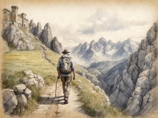 Auf dem Bild ist eine Wanderung in einer eindrucksvollen Berglandschaft zu sehen, mit einem Wanderer, der sich einem alten Schloss nähert. Dies bietet zahlreiche Möglichkeiten für Tagesausflüge und Aktivitäten in der Umgebung:1. **Wandern und Trekking**: Es gibt verschiedene Wanderwege, die atemberaubende Ausblicke auf die Berge und die umliegende Natur bieten.2. **Besuch von Burgen und Schlössern**: Das Schloss im Hintergrund könnte ein Ziel für einen spannenden Besuch sein, um mehr über die Geschichte der Region zu erfahren.3. **Fotografie und Malen**: Die malerische Landschaft ist ideal für Fotografie-Enthusiasten und Künstler, die die Natur festhalten möchten.4. **Picknicks**: Die weitläufigen Wiesen eignen sich hervorragend für ein Picknick mit Familie oder Freunden.5. **Naturbeobachtung**: Die Region bietet möglicherweise auch Möglichkeiten zur Tierbeobachtung oder zum botanischen Erforschen der lokalen Flora.6. **Führung in der Region**: Geführte Touren könnten angeboten werden, um interessante Informationen zur Geschichte und Geologie der Gegend zu erhalten.Diese Aktivitäten bieten eine hervorragende Möglichkeit, die Natur zu erleben und aktiv zu sein.
