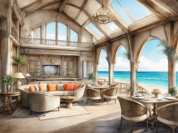 Auf dem Bild ist ein eleganter Raum mit großflächigen Fenstern zu sehen, der eine herrliche Aussicht auf das Meer bietet.**Facilities:**- Ein luxuriöses, gemütliches Sofa mit farbigen Kissen.- Ein stilvoller Tisch mit Stühlen, der für Mahlzeiten oder gesellige Zusammenkünfte genutzt werden kann.- Pflanzenelemente und dekorative Lampen, die zur Atmosphäre beitragen.**Aktivitäten:**- Entspannen und gesellige Treffen mit Freunden oder Familie.- Das Genießen von Mahlzeiten mit Blick auf das Meer.- Lesen oder Zeit mit Kochen und Gesprächen verbringen in einer ansprechenden Umgebung.