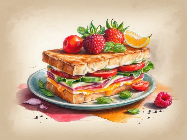 Auf dem Bild ist ein sorgfältig geschichtetes Sandwich zu sehen, das mit frisch geschnittenem Gemüse und verschiedenen köstlichen Zutaten zubereitet ist. Es besteht aus knusprigem Brot, das goldbraun geröstet ist. Zwischen den Brotscheiben befinden sich saftige Tomatenscheiben, knackige Blätter und Käseschichten, die dem Sandwich eine verlockende Farbvielfalt verleihen.Außerdem sind frische Erdbeeren, ein Apfel und eine Zitronenscheibe dekorativ platziert, die nicht nur für einen Farbkick sorgen, sondern auch Geschmack und Frische mitbringen. Am Rand des Tellers liegen noch einige Himbeeren und eine Prise Pfeffer, die das kulinarische Erlebnis abrunden. Dieses Gericht ist ein wahrhaftiger Genuss für alle Sinne!