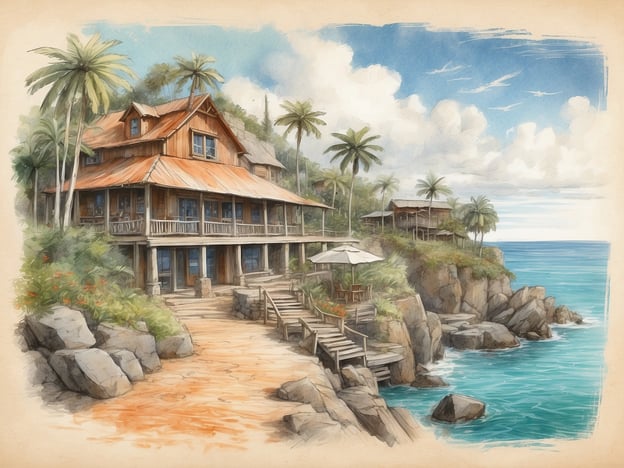 Auf dem Bild ist ein malerisches Strandhaus zu sehen, das sich an einer Klippe über dem Meer befindet. Umgeben von Palmen und Felsen vermittelt die Szenerie ein tropisches Ambiente.Hier sind einige Ausflugstipps und Sehenswürdigkeiten, die gut zu einem solchen Ort passen könnten:1. **Strandwanderungen**: Genießen Sie Spaziergänge an den nahegelegenen Stränden und finden Sie ruhige Plätze zum Entspannen.2. **Schnorcheln**: Nutzen Sie die Gelegenheit, die Unterwasserwelt zu erkunden. Rund um Klippen gibt es oft schillernde Korallenriffe und zahlreiche Fische.3. **Wanderungen**: Erkunden Sie die Umgebung auf Wanderwegen, die durch tropische Vegetation führen und atemberaubende Ausblicke auf das Meer bieten.4. **Lokale Märkte**: Besuchen Sie lokale Märkte, um frische tropische Früchte und regionale Spezialitäten zu probieren.5. **Bootsausflüge**: Machen Sie eine Bootsfahrt, um die Küste zu erkunden oder zu benachbarten Inseln zu gelangen.6. **Fotografie**: Halten Sie die atemberaubenden Sonnenuntergänge und die malerische Landschaft mit Ihrer Kamera fest.Solch ein Rückzugsort wäre ideal für einen entspannten Urlaub in der Natur.