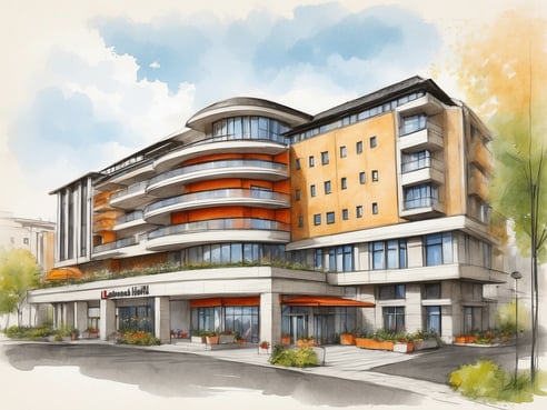 Das Bild zeigt eine künstlerische Darstellung eines modernen Leonardo Hotels mit einer ansprechenden Architektur. Das Gebäude hat mehrere Stockwerke, wobei sich runde Balkone und große Fenster harmonisch in die Fassade einfügen. Die äußere Gestaltung nutzt eine Kombination von hellen Farben, darunter orange und beige, und wird durch die Umgebung mit grünen Pflanzen und Bäumen ergänzt. Der Eingangsbereich ist einladend mit großen Fenstern und einem überdachten Eingang, der durch Blumentöpfe und Pflanzen verschönert wird. Dieser Entwurf strahlt zeitgemäße Eleganz und Gastfreundschaft aus, typisch für die Philosophie der Leonardo Hotels.