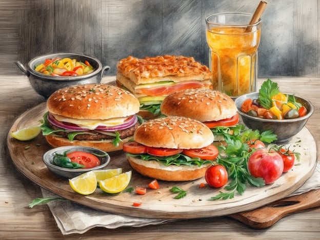 Auf dem Bild ist eine ansprechende kulinarische Auswahl zu sehen. Im Mittelpunkt stehen frisch zubereitete Burger mit Sesambrötchen, die mit verschiedenen Zutaten wie Salat, Tomaten, Zwiebeln und Käse belegt sind. Neben den Burgern befinden sich bunte Salate in kleinen Schalen, die aus frischem Gemüse bestehen.Außerdem sieht man eine köstliche Lasagne, die schichtweise mit Zutaten gefüllt ist, und ein Glas erfrischenden Getränks, wahrscheinlich ein Fruchtsaft. Auf dem Holzbrett liegen zudem einige Zitronenscheiben und kleine Tomaten, die als zusätzliche Beilage dienen. Insgesamt vermittelt das Bild eine einladende und geschmackvolle Präsentation von Speisen und bietet eine Vielzahl an Spezialitäten.