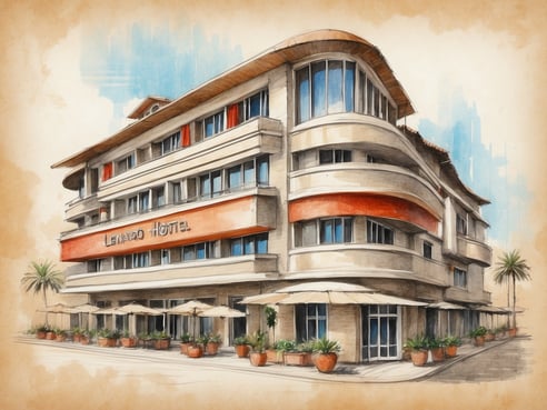Das Bild zeigt die Fassade eines Leonardo Hotels im skizzenhaften Stil. Das Gebäude ist modern gestaltet mit großen Fenstern und einem markanten, gewölbten Dach. An der Vorderseite des Hotels befindet sich ein rotes Schild mit der Aufschrift Leonardo Hotel. Vor dem Hotel sind mehrere Sonnenschirme und Topfpflanzen angeordnet, was eine einladende Atmosphäre vermittelt. Die Umgebung wirkt sonnig mit vereinzelten Palmen, die den tropischen Eindruck verstärken.