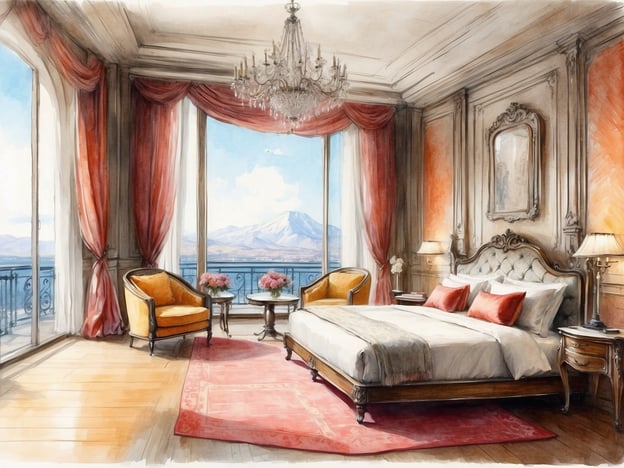 Auf dem Bild ist ein elegantes Zimmer mit einem großen Bett und stilvollen Möbeln zu sehen. Die Suite ist hell und freundlich gestaltet, mit großen Fenstern, die einen Ausblick auf eine bergige Landschaft bieten. Die Fenster sind mit roten Vorhängen geschmückt, und im Raum befinden sich zwei bequeme Sessel sowie kleine Tische. Ein schöner Teppich verleiht dem Raum zusätzlichen Komfort und Stil. Insgesamt wirkt die Suite luxuriös und einladend.