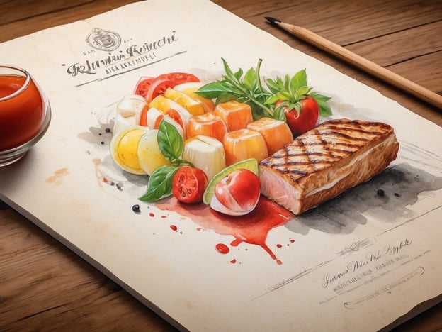 Auf dem Bild sind verschiedene kulinarische Highlights abgebildet, die auf einem kunstvoll gestalteten Blatt präsentiert werden. Im Vordergrund sieht man ein perfekt gegrilltes Stück Fisch, das appetitlich mit Grillstreifen verziert ist. Daneben liegt eine Auswahl bunter, frischer Gemüse und Früchte, darunter Tomaten, Kürbis und Basilikum, die einen lebendigen Farbkontrast bieten.
Zusätzlich ist eine kleine Schale mit einer rot-orangenen Sauce oder einem Getränk zu sehen, was die Präsentation abrundet. Insgesamt strahlt das Bild eine harmonische Verbindung von Frische und kulinarischer Kreativität aus, die das Interesse an Gastronomie und Genuss weckt.