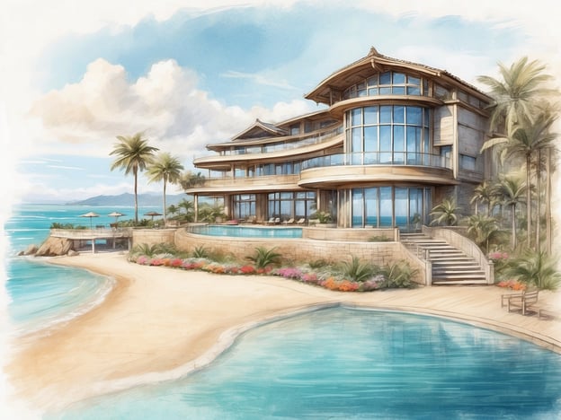 Auf dem Bild ist eine luxuriöse Villa zu sehen, die direkt am Strand liegt. Die Architektur ist modern und elegant, mit großen Fenstern, die einen schönen Blick auf das Meer bieten.
**Standort:** Die Villa befindet sich an einem malerischen Küstenabschnitt, umgeben von Palmen und einer einladenden Landschaft.
**Annehmlichkeiten:** Es gibt einen Infinity-Pool, der in den Ozean überzugehen scheint, sowie mehrere Liegestühle und Sonnenschirme für Entspannung. Die Umgebung ist mit bunten Blumen geschmückt, was zur tropischen Atmosphäre beiträgt.