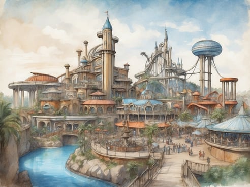 Eine fantasievolle Freizeitparklandschaft mit beeindruckenden architektonischen Gebäuden und unterschiedlichen Fahrgeschäften ist zu sehen. Der Park zeigt große Türme und bunte Dächer, umgeben von grünen Pflanzen und einem glitzernden Wasserlauf, der durch die Anlage fließt. Besucher schlendern über Holzstege und genießen die vielfältigen Attraktionen. Hinter den Gebäuden sind Achterbahnen und andere Fahrgeschäfte sichtbar, die dem Gesamtbild einen aufregenden Eindruck verleihen.