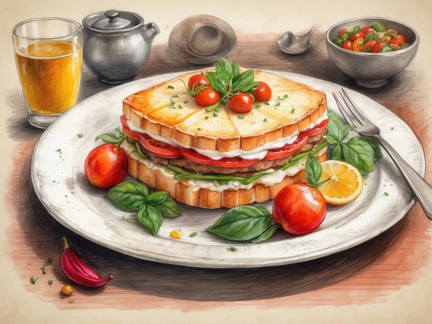 Auf dem Bild ist ein köstliches Sandwich zu sehen, das kunstvoll geschichtet ist. Es besteht aus mehreren Schichten frischen Brotes, das mit verschiedenen Zutaten belegt ist, darunter saftige Tomaten und eine grüne Blattlage, möglicherweise Salat. Frische Kräuter, wie Basilikum, verleihen dem Gericht einen aromatischen Touch.
Neben dem Sandwich befinden sich auch einige rote Äpfel und eine Zitronenscheibe, die das Gericht zusätzlich auflockern. Im Hintergrund sieht man eine kleine Schüssel mit einer bunten Gemüsemischung, die vermutlich als Beilage dient. Dazu gibt es ein Glas Bier und eine Teekanne, was auf eine gesellige Mahlzeit hinweist. Insgesamt präsentiert sich das Bild als ein einladendes und appetitanregendes kulinarisches Erlebnis.
