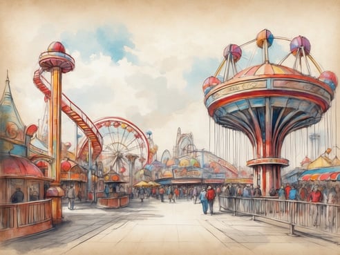 Eine bunte Freizeitpark-Szene mit Fahrgeschäften wie einem Riesenrad und einem Karussell. Die Fahrgeschäfte sind farbenfroh gestaltet und umgeben von Besuchern, die sich zwischen den Ständen bewegen. Die Atmosphäre wirkt lebhaft und fröhlich, mit verschiedenen Ständen und Attraktionen, die zum Verweilen einladen. Die Himmel ist leicht bewölkt, was dem Bild eine nostalgische Note verleiht. Wann öffnen Freizeitparks wieder nach dem Winter?