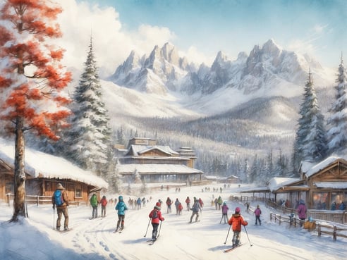 Ein malerisches Winterlandschaftsbild zeigt eine verschneite Szenerie mit hohen Bergen im Hintergrund. Auf einem schneebedeckten Pfad sind viele Menschen in Winterkleidung zu sehen, die entweder Ski fahren oder spazieren. Einige von ihnen tragen Rucksäcke, während andere Skistöcke benutzen. Eingerahmt wird die Szenerie von schneebedeckten Tannenbäumen und einer nur leicht sichtbaren Holzhütte auf der linken Seite. Der Himmel strahlt in einem klaren Blau und die Atmosphäre vermittelt ein Gefühl von Winterfreude und Aktivität in der Natur, typischer für Freizeitparks, die auch in der kalten Jahreszeit Besucher anlocken.