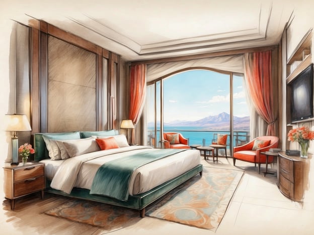 Auf dem Bild ist ein elegantes Hotelzimmer zu sehen, das eine großzügige und einladende Atmosphäre ausstrahlt. Das Zimmer verfügt über ein großes, hübsch dekoriertes Bett mit einer hellen Bettdecke und Kissen in sanften Farben. An den Seiten des Bettes stehen Nachttische mit Tischlampen und frischen Blumen.
Vor dem Bett eröffnet sich ein großes Fenster, das einen malerischen Blick auf das Meer und eine Berglandschaft bietet. Die Fenster sind mit lichtdurchlässigen Vorhängen umrahmt, die einen sanften Lichteinfall ermöglichen. In der Ecke des Zimmers stehen zwei bequeme Sessel in einem warmen Farbton, umgeben von einem kleinen Tisch, der zum Entspannen einlädt.
Ein Fernseher ist an der Wand montiert, und es gibt zusätzlich einen Schrank oder eine Kommode, die den Raum funktional ergänzt. Der Boden ist mit einem stilvollen Teppich ausgelegt, der Farbtöne aufgreift, die im gesamten Zimmer harmonisch wirken. Insgesamt vermittelt der Raum einen Eindruck von Komfort und Stil, ideal für einen entspannenden Aufenthalt.