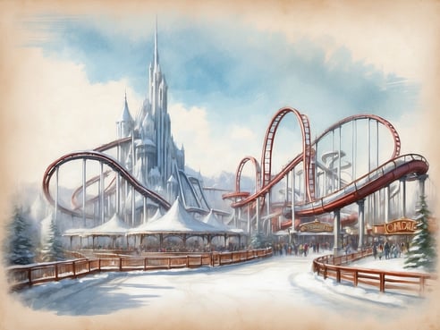 Ein malerischer Freizeitpark im Winter mit verschneiten Bäumen und einem alten, majestätischen Schloss im Hintergrund. Die Achterbahn schlängelt sich über den Park und ist rot und grau. Überdachte Unterstände mit weißen Zeltdächern sind entlang des Weges platziert, wo sich Menschen versammeln. Der Boden ist mit Schnee bedeckt, was eine winterliche Atmosphäre schafft. Freizeitparks schließen üblicherweise zum Winter meist zwischen November und März.
