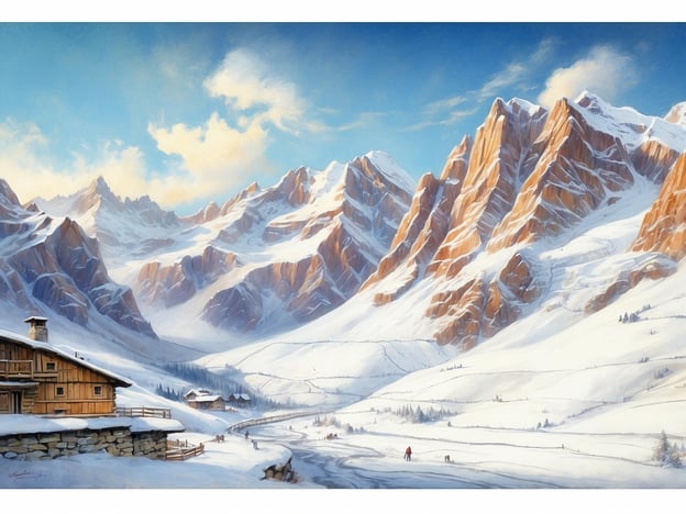 Das Bild zeigt eine idyllische Schneelandschaft mit majestätischen Bergen im Hintergrund und einer hölzernen Hütte im Vordergrund. Langläufer finden in solch einer Umgebung ideale Bedingungen, um ihre Sportart auszuüben.Hier sind einige Tipps und Ausrüstungen für Langläufer:### Ausrüstung:1. **Langlaufski**: Wählen Sie die richtige Länge und Breite entsprechend Ihrem Können und den Schneebedingungen.2. **Skischuhe**: Diese sollten gut passen und zur Bindung Ihres Skisystems passen.3. **Poles (Ski-Stöcke)**: Achten Sie darauf, dass sie die richtige Länge haben, um effizientes Stride und Technik zu fördern.4. **Wetterfeste Kleidung**: atmungsaktive und isolierende Schichten sind wichtig, um warm und trocken zu bleiben.5. **Skibrille oder Sonnenbrille**: Schützt die Augen vor Schneeblindheit durch Reflexion.### Tipps:1. **Aufwärmen**: Führen Sie einige Aufwärmöbungen durch, um Verletzungen zu vermeiden.2. **Technik üben**: Arbeiten Sie an der richtigen Technik, um effizient durch den Schnee zu gleiten.3. **Achten Sie auf das Wetter**: Überprüfen Sie die Bedingungen, um auf plötzliche Wetteränderungen vorbereitet zu sein.4. **Trinken Sie ausreichend**: auch