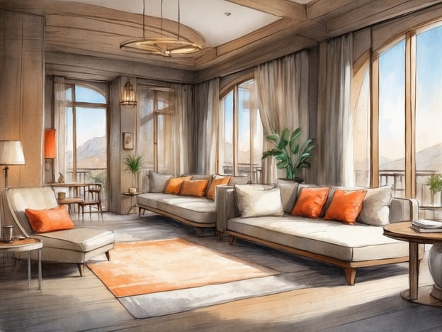 Auf dem Bild ist ein stilvolles und elegantes Wohnzimmer zu sehen. Der Raum wirkt hell und einladend, mit großen Fenstern, die viel Tageslicht hereinlassen. Die Einrichtung umfasst helle Möbel, darunter ein Sofa und Sessel mit orangefarbenen Kissen, sowie einen Tisch. Pflanzen und dekorative Elemente tragen zur gemütlichen Atmosphäre bei.
Das Leonardo Hotel Düsseldorf City Center bietet eine moderne und komfortable Umgebung für Gäste, die sowohl auf Geschäftsreisen als auch im Urlaub sind. Es ist zentral gelegen und ermöglicht einen einfachen Zugang zu den Sehenswürdigkeiten der Stadt. Die Zimmer sind geschmackvoll eingerichtet und bieten Annehmlichkeiten, die den Aufenthalt angenehm gestalten.