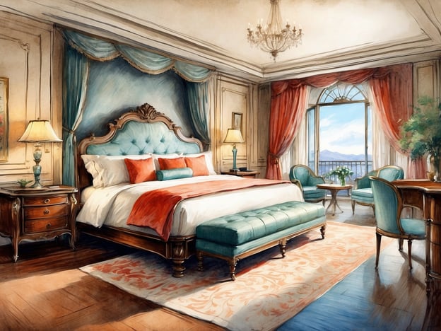 Auf dem Bild ist ein luxuriöses Hotelzimmer zu sehen. Es verfügt über ein großes, elegantes Bett mit aufwendiger Kopfteilgestaltung und einer gemütlichen Bettwäsche in warmen Farben. Neben dem Bett steht ein stilvoller Nachttisch mit einer Lampe.
Die Fenster sind mit schweren Vorhängen dekoriert und bieten einen schönen Blick nach draußen, was auf eine angenehme Aussicht hindeutet. Im Raum befinden sich außerdem komfortable Sessel und ein kleiner Tisch, ideal für entspannte Momente oder das Frühstück im Zimmer. Die Holzböden und der dekorative Teppich verleihen dem Raum eine warme und einladende Atmosphäre.
Insgesamt vermittelt das Zimmer ein Gefühl von Komfort und Eleganz, das die Annehmlichkeiten und den Service eines erstklassigen Hotels widerspiegelt.