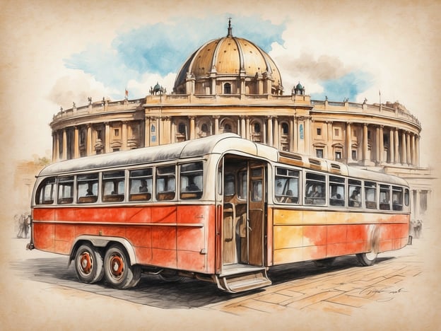 Ein historischer Bus steht vor der beeindruckenden Kulisse eines großen, gewölbten Gebäudes mit einer markanten Kuppel. Der Bus ist rot und weiß lackiert und hat große Fenster, durch die man einen Blick ins Innere werfen kann. Im Hintergrund sind Säulen und architektonische Details des Gebäudes sichtbar. Der Himmel hat einige Wolken, die ihm eine lebendige Atmosphäre verleihen. Es scheint, als wären einige Personen in der Nähe, die die Szenerie genießen. Dieses Bild eignet sich als Darstellung von Bildungsreisen, insbesondere im Zusammenhang mit historischen Stätten und kulturellen Entdeckungen.