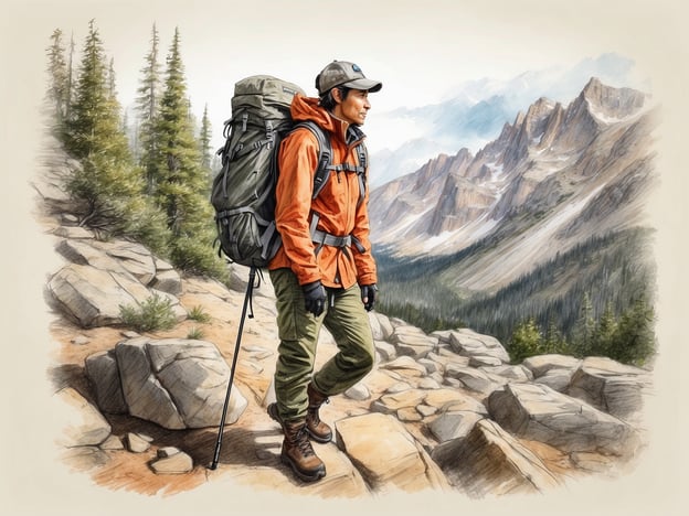 Eine Person steht auf einem schmalen Wanderweg, umgeben von bergigem Gelände und Nadelbäumen. Sie trägt eine orangefarbene Jacke, graue Handschuhe und eine graue Mütze. Auf dem Rücken hat sie einen großen Rucksack. Ihr Blick ist nach vorne gerichtet, während sie auf den Weg vor sich schaut. Die Wanderschuhe sind robust und gut für unebenes Gelände geeignet. Im Hintergrund sind beeindruckende Berggipfel und eine weite, grüne Landschaft zu sehen.