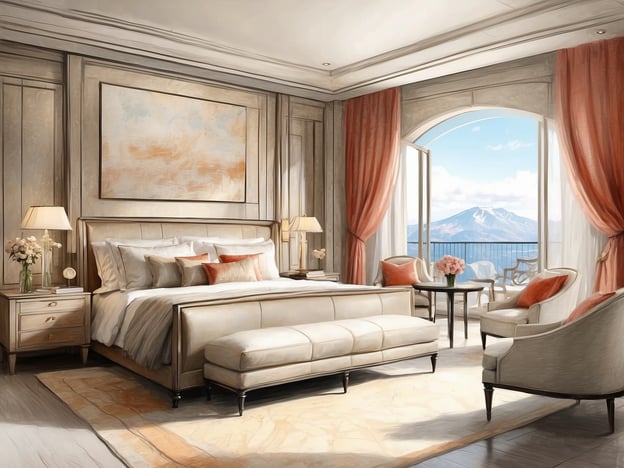 Auf dem Bild ist ein elegantes Schlafzimmer in einem Hotelzimmer zu sehen, das sehr gut gestaltet ist. Es verfügt über ein großes, bequemes Bett mit stilvollen Kissen und einen eleganten Fußhocker. Neben dem Bett stehen Nachttische mit Lampen.
Die Wände sind geschmackvoll dekoriert, und große Fenster geben einen Blick auf eine bergige Landschaft. Die Vorhänge sind in sanften Farbtönen gehalten, was eine warme Atmosphäre schafft. Ein kleiner Tisch mit Blumen und gemütlichen Sesseln ergänzt den Raum, was auf eine einladende und entspannende Umgebung hinweist. Diese Art von Zimmer könnte ein Beispiel für die luxuriösen Suiten im Leonardo Hotel sein, die Komfort und Stil kombinieren.