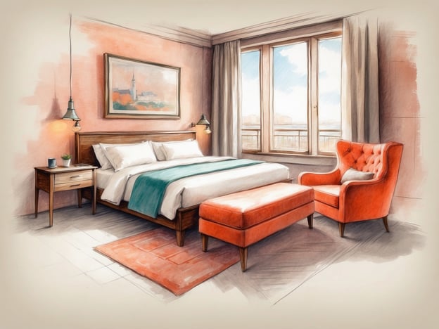 Auf dem Bild ist ein Schlafzimmer zu sehen. Es verfügt über ein großes Doppelbett mit weißen Bettdecken und einem türkisfarbenen Überwurf. An der Wand hängt ein Gemälde. Neben dem Bett steht ein Nachttisch mit einer kleinen Pflanze und einem Getränk darauf.
In der Ecke des Zimmers befindet sich ein oranges Sitzmöbel, das als Sessel oder Fußbank dient. Vor dem Bett liegt ein runder Teppich, der in warmen Farben gehalten ist. Die großen Fenster lassen viel Tageslicht herein und bieten einen Blick nach draußen. Vor den Fenstern sind helle Vorhänge angebracht. Die Wände des Zimmers sind in einem sanften Rosa gestrichen, was für eine gemütliche Atmosphäre sorgt.