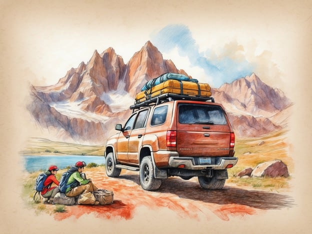 Auf dem Bild ist ein orangefarbenes Fahrzeug zu sehen, das mit Gepäck und Campingausrüstung beladen ist. Im Vordergrund sitzen zwei Personen auf dem Boden und scheinen sich auf eine Wanderung vorzubereiten. Im Hintergrund sind majestätische Berge und eine ruhige Wasserstelle zu sehen.
Dieses Szenario eignet sich hervorragend für Freizeitangebote wie Wandern, Camping und Outdoor-Abenteuer. Es vermittelt ein Gefühl von Freiheit und Naturverbundenheit, ideal für Naturenthusiasten und Abenteurer.