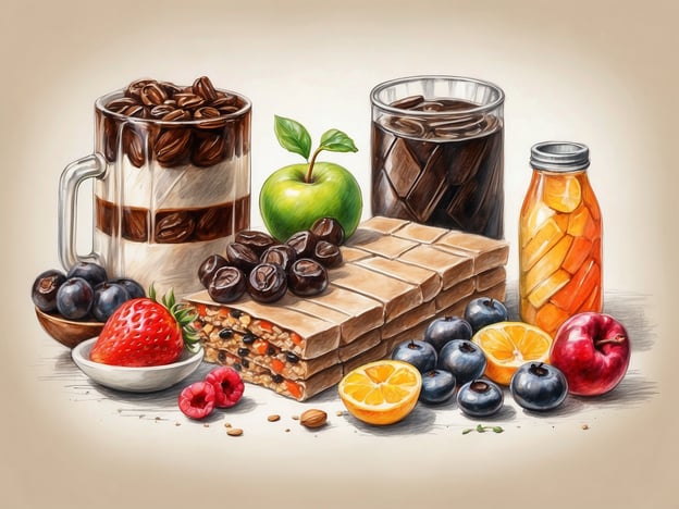 Auf dem Bild sind verschiedene Lebensmittel und Getränke zu sehen, die ideal für eine Wanderung sind. Es gibt eine Mischung aus frischem Obst wie Äpfel, Erdbeeren, Himbeeren und einer orangefarbenen Zitrusfrucht. In der Mitte befindet sich eine energiereiche Müsliriegel, umgeben von verschiedenen Beeren. Dazu stehen zwei Gläser: eines mit einem schokoladigen Getränk und eines mit einem kalten, dunklen Getränk. Auch ein Glas mit leichtem orangem Saft ist abgebildet. Die gesamte Präsentation zeigt gesunde Snacks und Erfrischungen, die beim Wandern nützlich sind.