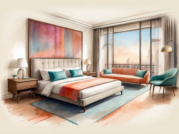 Das Bild zeigt eine stilvolle Hotelzimmeransicht, die eine helle und moderne Gestaltung widerspiegelt. Zu sehen ist ein großes Bett mit elegantem Kopfteil, umgeben von sanften Farben und ansprechenden Möbeln. Ein Sofa sowie ein Stuhl laden zum Entspannen ein, während große Fenster einen Ausblick auf die Stadt ermöglichen.
Das Leonardo Hotel Munich Arabellapark bietet eine komfortable und ansprechende Unterkunft in einer zentralen Lage, ideal für Geschäftsreisende und Touristen. Die moderne Ausstattung, die freundliche Atmosphäre und die Nähe zu verschiedenen Sehenswürdigkeiten machen es zu einem attraktiven Ziel in München.