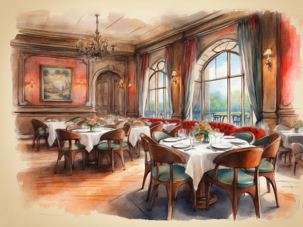 Auf dem Bild ist ein elegantes Restaurant zu sehen, das eine raffinierte und einladende Atmosphäre bietet. Die Tische sind mit weißen Tischdecken eingedeckt und sind für ein besonderes Dining-Erlebnis vorbereitet, möglicherweise für ein romantisches Abendessen oder ein feierliches Ereignis.
Die warmen Farbtöne der Wandverkleidung und die stilvollen Möbel schaffen ein klassisches Ambiente, das perfekt für Gourmets ist, die die Kulinarik des Hotels genießen möchten.
Die großen Fenster bieten einen Blick auf die Umgebung, was darauf hindeutet, dass man beim Essen nicht nur die Speisen, sondern auch die Aussicht genießen kann. In der Nähe des Hotels könnte es noch weitere gastronomische Möglichkeiten geben, wie lokale Cafés und Restaurants, die regionale Spezialitäten anbieten. Ein Besuch in der Umgebung könnte sich als lohnenswert erweisen, um die gastronomische Vielfalt zu entdecken.