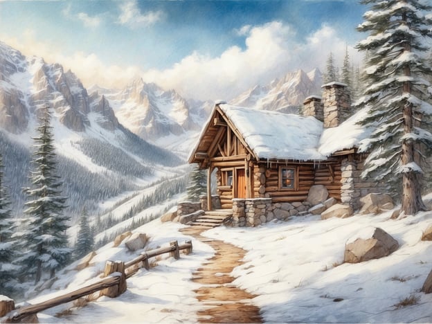 Eine rustikale Holzschaft mit einem schneebedeckten Dach liegt malerisch in einer winterlichen Berglandschaft. Umgeben von hohen, schneebedeckten Tannen erstrecken sich majestätische Berggipfel im Hintergrund. Ein verschneiter Weg führt zur Eingangstür der Hütte, die einladend aussieht. Die kühle, klare Winterluft und die idyllische Umgebung schaffen eine perfekte Kulisse für Winterwanderungen.