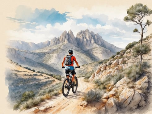 Ein Mountainbiker fährt auf einem schmalen, staubigen Pfad durch eine bergige Landschaft. Die Umgebung ist von hohen Bergen und sanften Hügeln geprägt, die im Hintergrund sichtbar sind. Der Biker trägt einen roten Oberteil und einen Rucksack, während er die Aussicht genießt. Im Vordergrund sind trockene Gräser und Steine zu sehen, was auf das natürliche Terrain hinweist. Die Wolken im Himmel verleihen dem Bild eine malerische Atmosphäre, die für einen entspannten Mountainbike-Urlaub für Anfänger einladend ist.