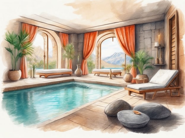 Auf dem Bild ist ein wunderschöner Wellnessbereich zu sehen, der Entspannung und Freizeitangebote fördert. Der Raum verfügt über einen Innenpool, der von großen Fenstern umgeben ist und einen Blick auf eine malerische Landschaft bietet.
Es gibt bequeme Liegen, die zum Relaxen einladen, sowie eine harmonische Gestaltung mit Pflanzen und dekorativen Elementen. Die sanften Farben und das natürliche Licht schaffen eine beruhigende Atmosphäre, ideal für Wellness-Behandlungen, Massagen oder einfach zum Entspannen. Dieser Raum ist perfekt für einen erholsamen Tag, an dem man sich verwöhnen lassen kann.
