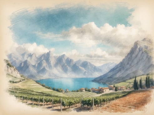 Eine malerische Landschaft am Gardasee mit sanften Hügeln und Weinbergen, die sich bis zum glitzernden Wasser des Sees erstrecken. Im Hintergrund erheben sich imposante, zerklüftete Berge unter einem klaren blauen Himmel mit einigen weißen Wolken. In der Mitte des Bildes sind kleine, rustikale Häuser zu sehen, die harmonisch in die natürliche Umgebung integriert sind. Diese Szenerie ist typisch für die Region des Gardasees, die für ihre atemberaubenden Ausblicke und Weinproduktion bekannt ist.