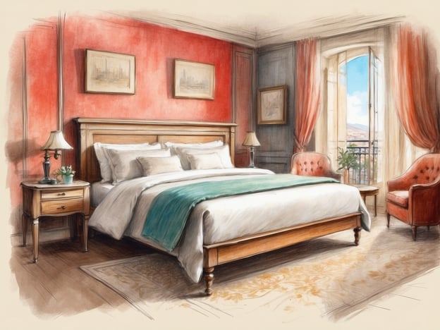 Auf dem Bild ist eine stilisierte Darstellung eines Hotelzimmers zu sehen. Es zeigt ein großes Bett mit weißen und grünen Bettwaren, warmen Holz- und Lampelementen sowie gemütlichen Sesseln in einem ansprechenden Raum mit roter Wandfarbe und großen Fenstern.
Das Leonardo Hotel & Residenz München bietet eine Vielzahl an Annehmlichkeiten für Geschäftsreisende und Urlauber. Es verfügt über komfortable Zimmer und Suiten, die modern und geschmackvoll eingerichtet sind. Die Lage des Hotels ermöglicht einen einfachen Zugang zu den Hauptsehenswürdigkeiten Münchens, und die Gäste können sich auf eine Gastfreundschaft und Servicequalität freuen, die ihren Aufenthalt angenehm gestalten. Darüber hinaus sind auch Konferenzräume und Fitnessmöglichkeiten vorhanden.